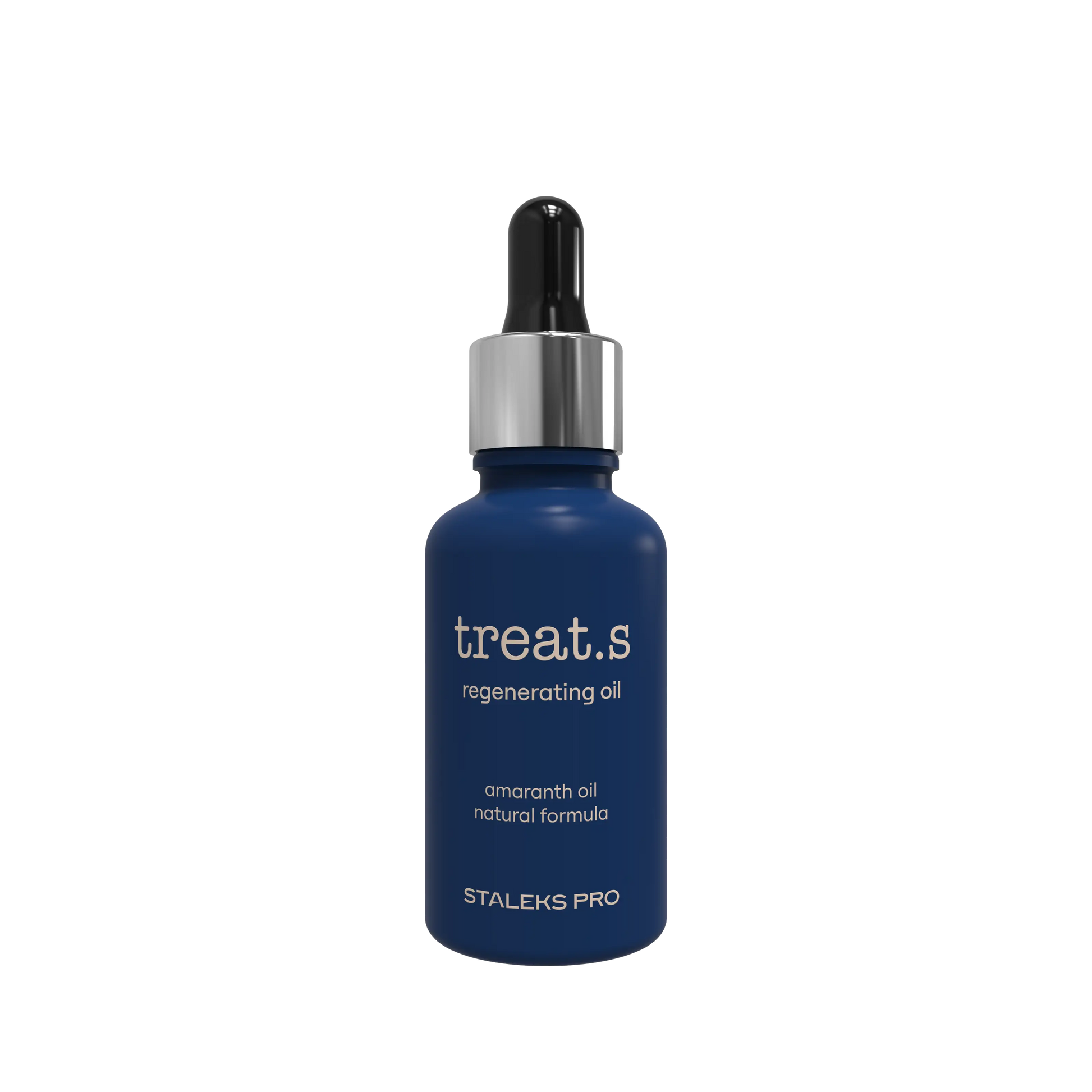 Flacon d’huile régénérante treat.s 30 ml de Staleks Pro, compte-gouttes, vue de face (bleu nuit).