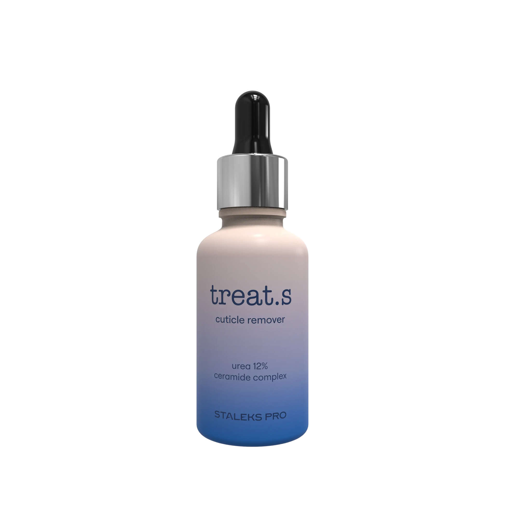 Flacon d’émollient cuticules treat.s 30 ml de Staleks Pro avec pipette, dégradé beige/bleu, vue de face.
