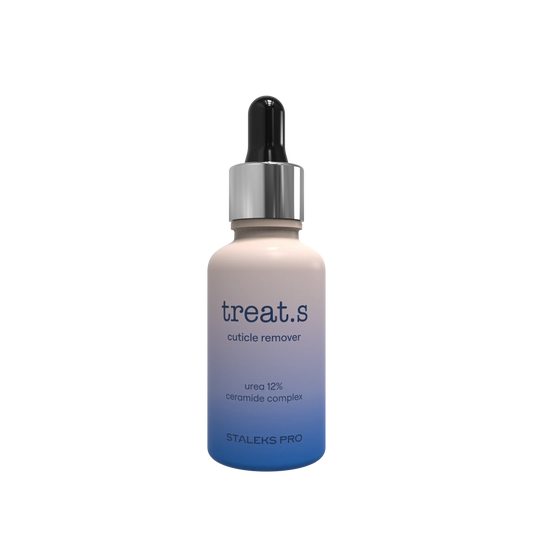 Flacon d’émollient cuticules treat.s 30 ml de Staleks Pro avec pipette, dégradé beige/bleu, vue de face.