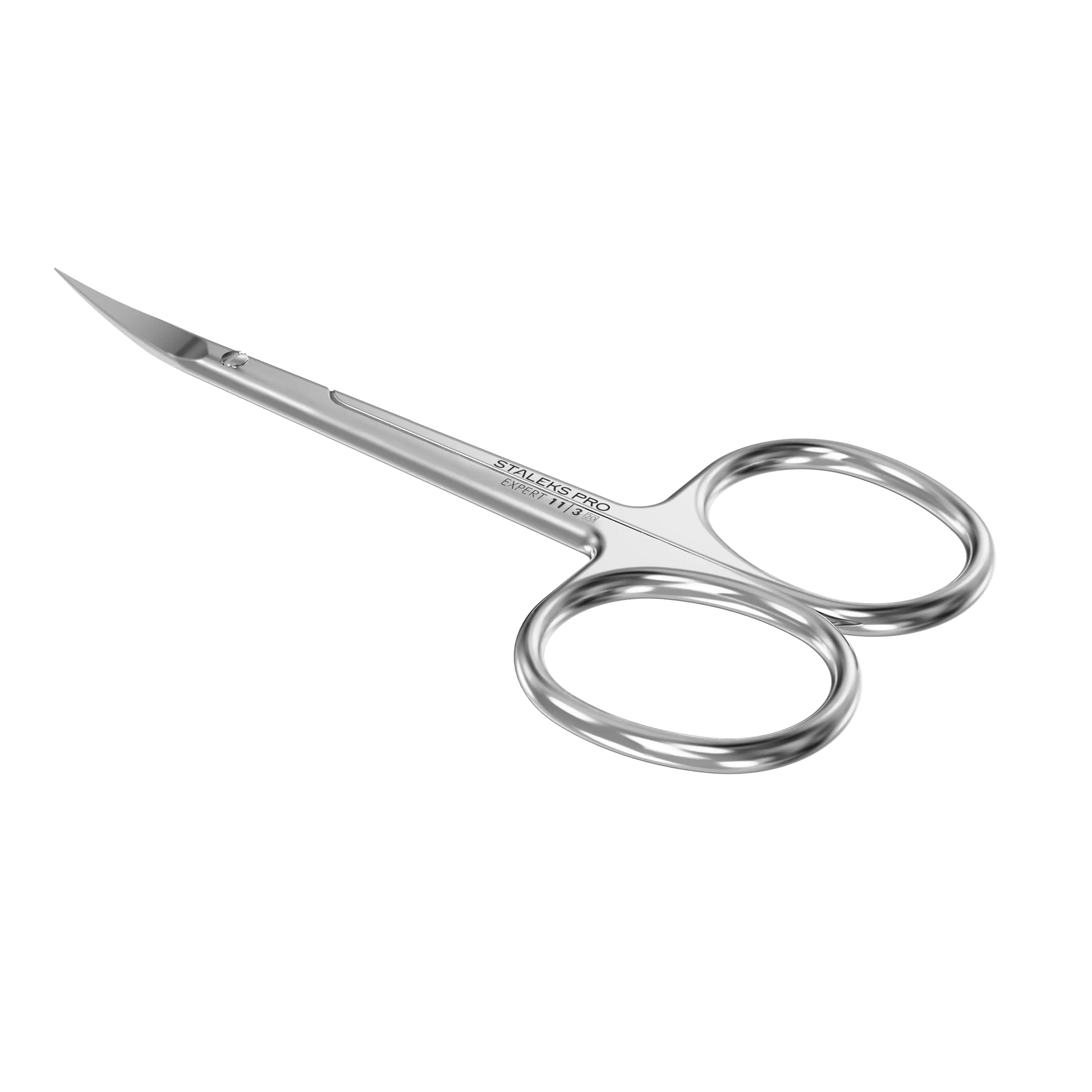 Ciseaux cuticules gaucher SE-11/3 en perspective, anneaux ergonomiques et branches droites.