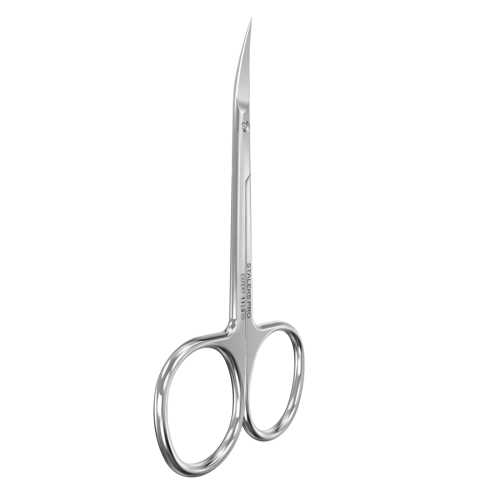 Vue 3/4 des ciseaux STALEKS Expert 11 SE-11/3, lames courbées 25 mm en acier inox.