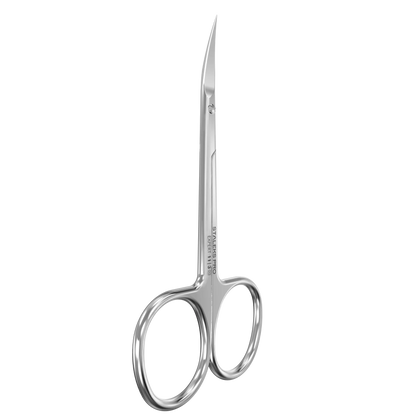 Vue 3/4 des ciseaux STALEKS Expert 11 SE-11/3, lames courbées 25 mm en acier inox.