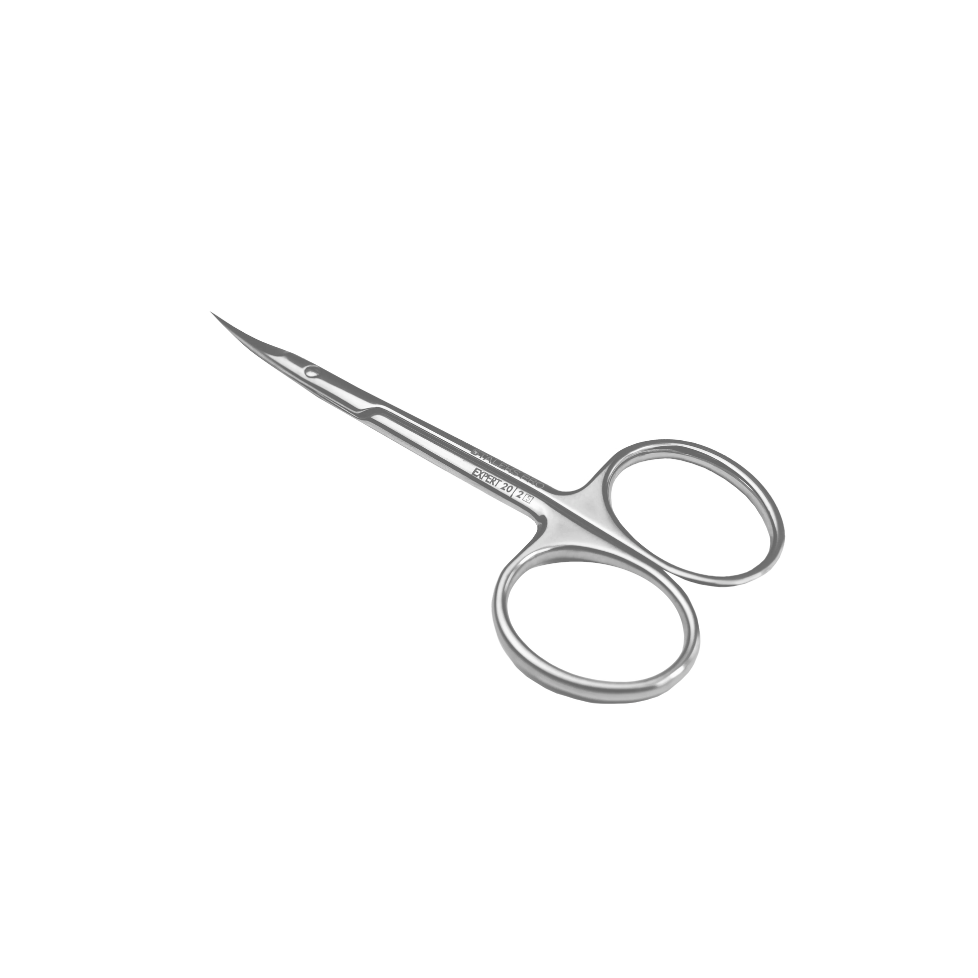Ciseaux cuticules SE-20/2 en perspective, anneaux ergonomiques et lames fines.