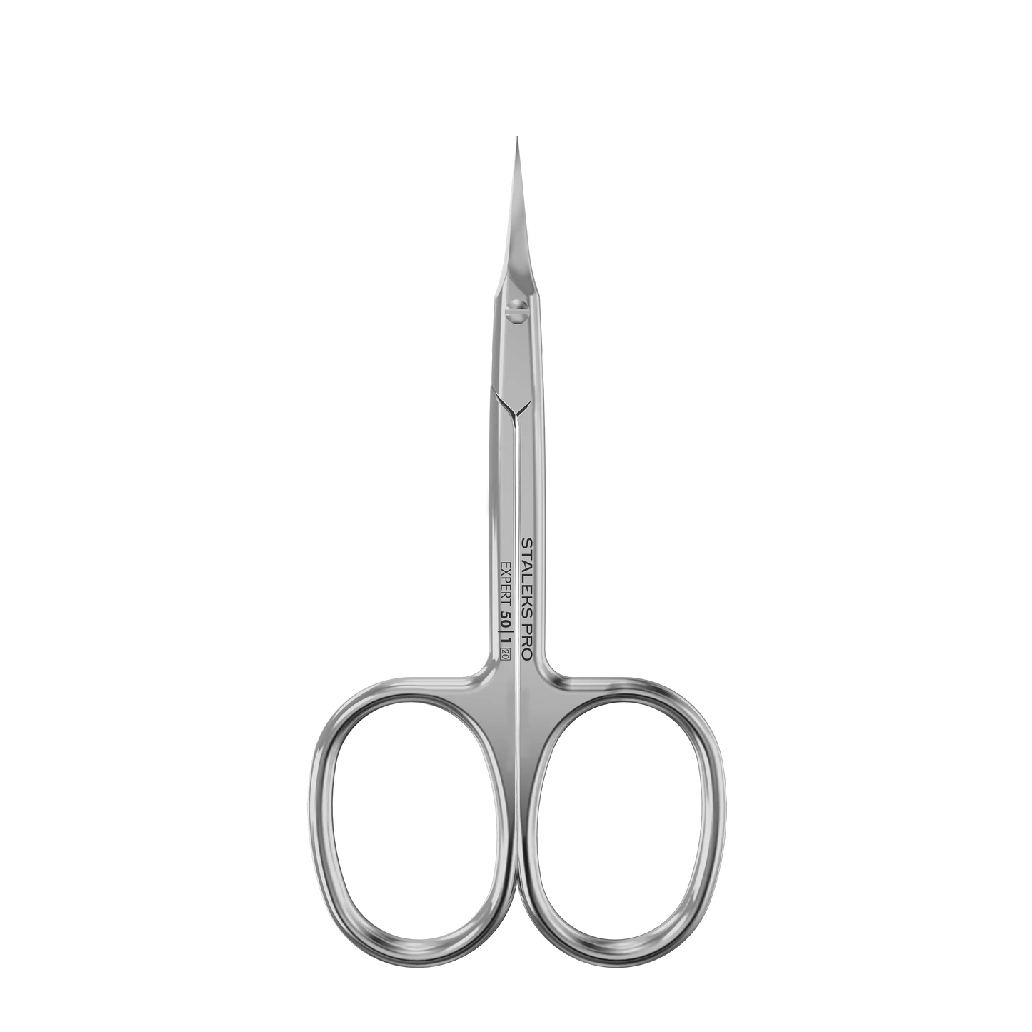 Ciseaux cuticules STALEKS Expert 50/1, vue de face, poignées droites S et lames courbées 18 mm en acier inox.