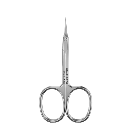 Ciseaux cuticules STALEKS Expert 50/1, vue de face, poignées droites S et lames courbées 18 mm en acier inox.