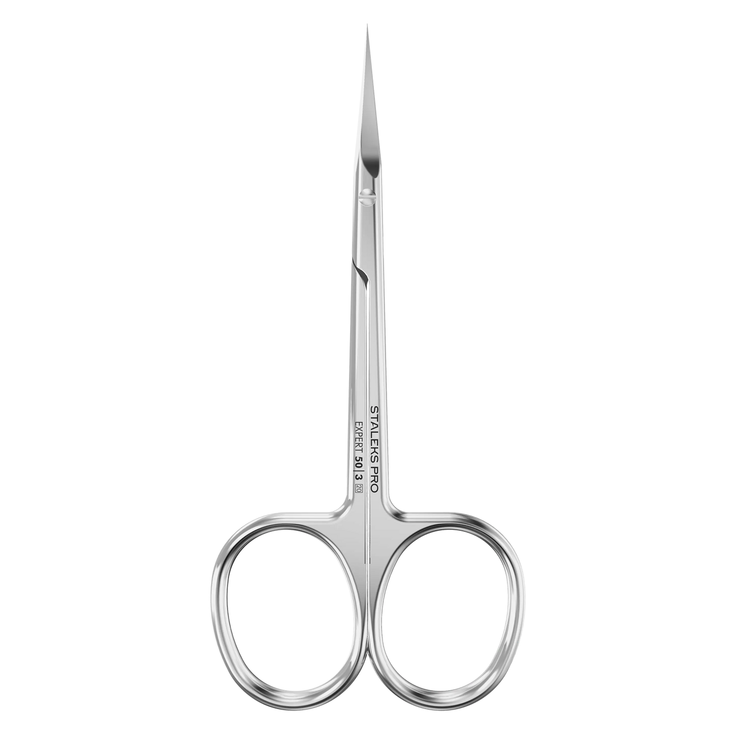 Ciseaux cuticules STALEKS Expert 50/3, vue de face, poignées droites L et lames courbées 25 mm en acier inox.