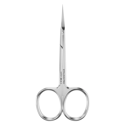 Ciseaux cuticules STALEKS Expert 50/3, vue de face, poignées droites L et lames courbées 25 mm en acier inox.