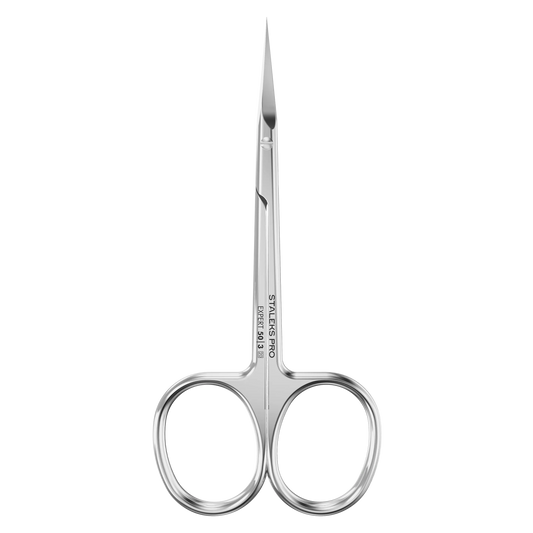 Ciseaux cuticules STALEKS Expert 50/3, vue de face, poignées droites L et lames courbées 25 mm en acier inox.