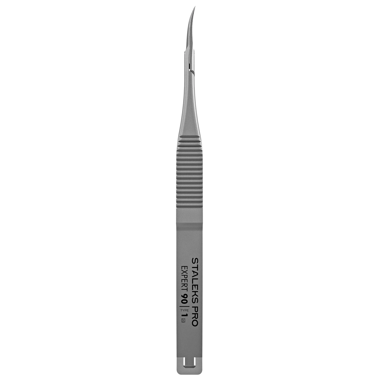 Micro-ciseaux STALEKS Expert 90/1, vue de face ; poignée rainurée antidérapante et pointes courbées pour la précision.