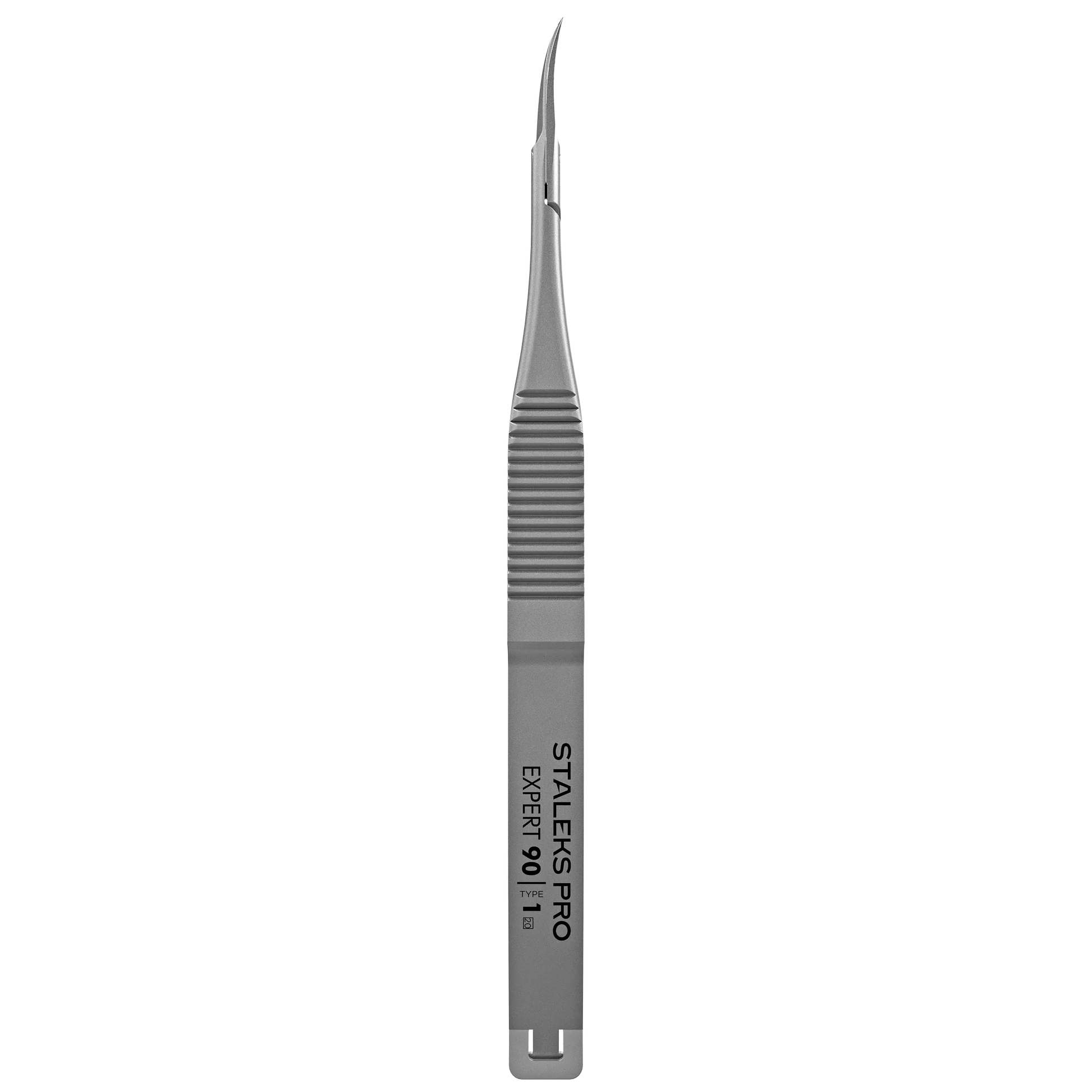 Micro-ciseaux STALEKS Expert 90/1, vue de face ; poignée rainurée antidérapante et pointes courbées pour la précision.