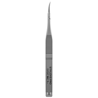 Micro-ciseaux STALEKS Expert 90/1, vue de face ; poignée rainurée antidérapante et pointes courbées pour la précision.