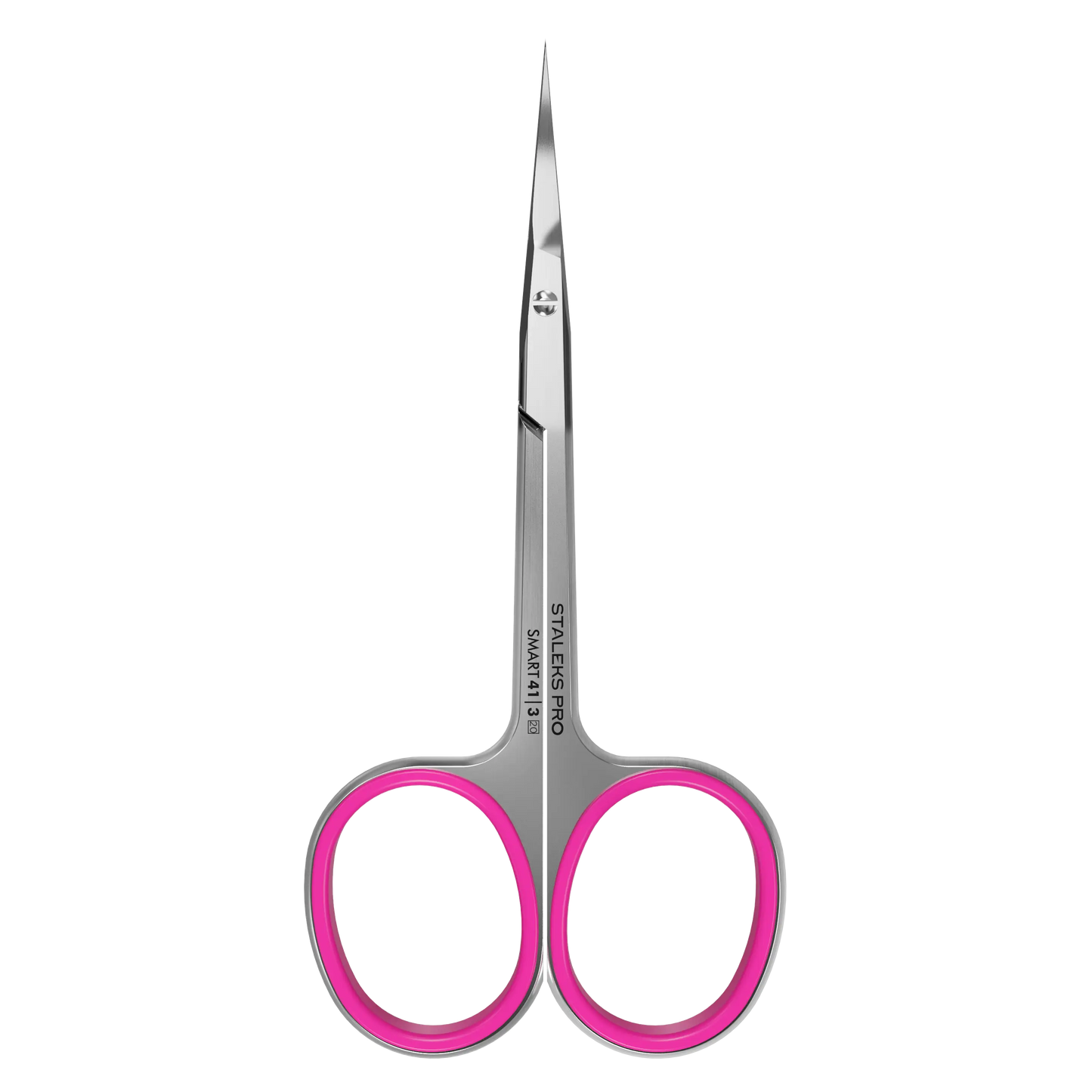 Ciseaux cuticules STALEKS PRO Smart 41/3, vue de face, lames crochet 25 mm, anneaux roses antidérapants.