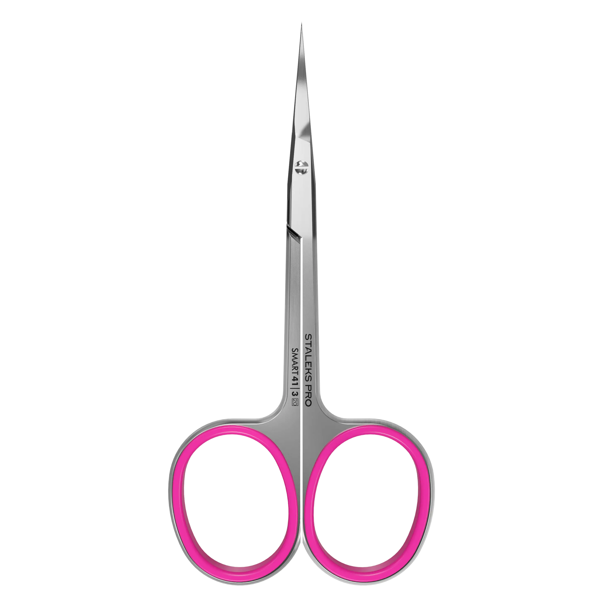Ciseaux cuticules STALEKS PRO Smart 41/3, vue de face, lames crochet 25 mm, anneaux roses antidérapants.