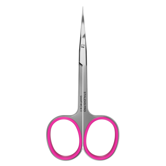 Ciseaux cuticules STALEKS PRO Smart 41/3, vue de face, lames crochet 25 mm, anneaux roses antidérapants.