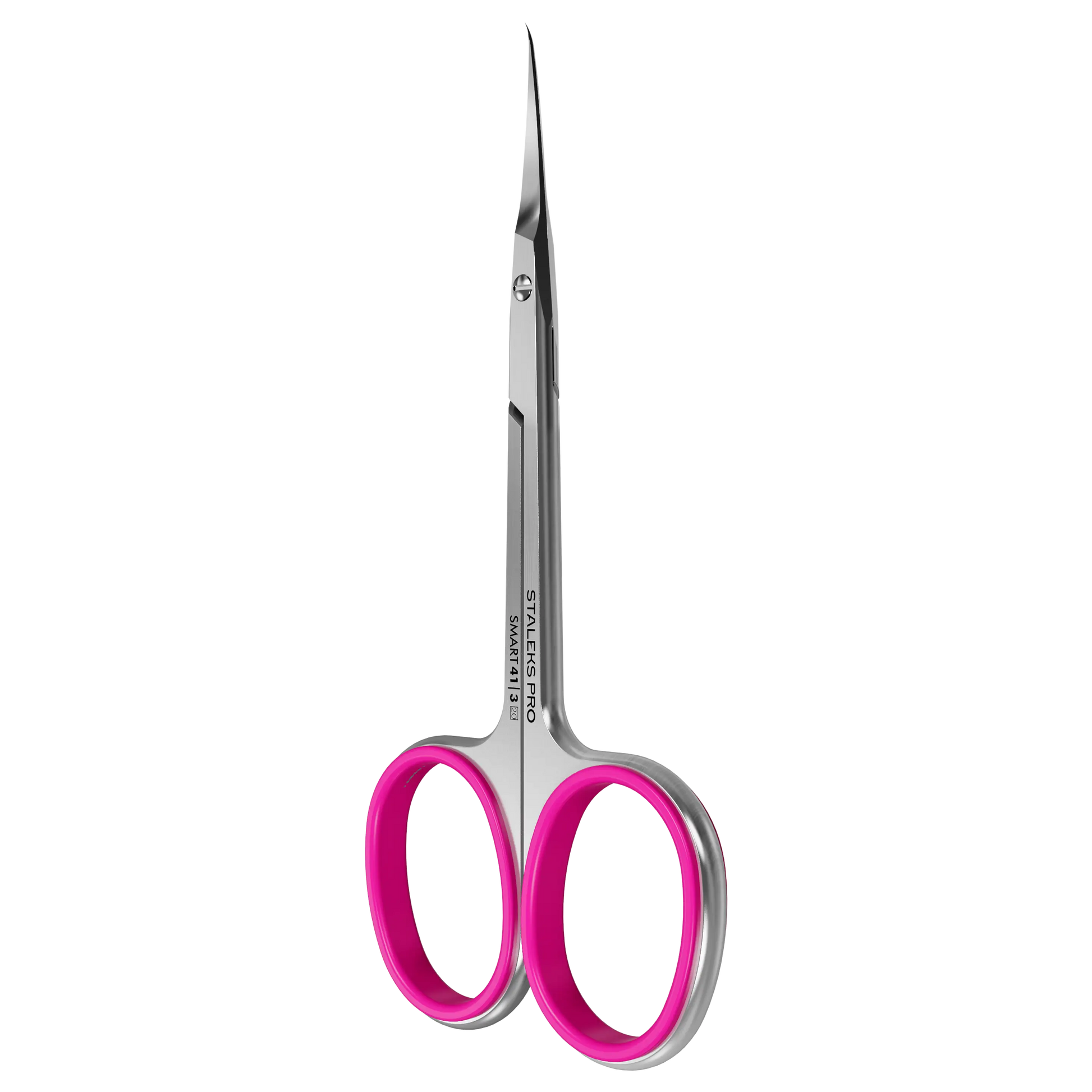 Ciseaux STALEKS PRO SS-41/3 en vue 3/4, manches longs avec inserts roses, lames 25 mm.
