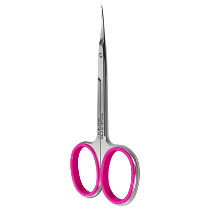 Ciseaux STALEKS PRO SS-41/3 en vue 3/4, manches longs avec inserts roses, lames 25 mm.