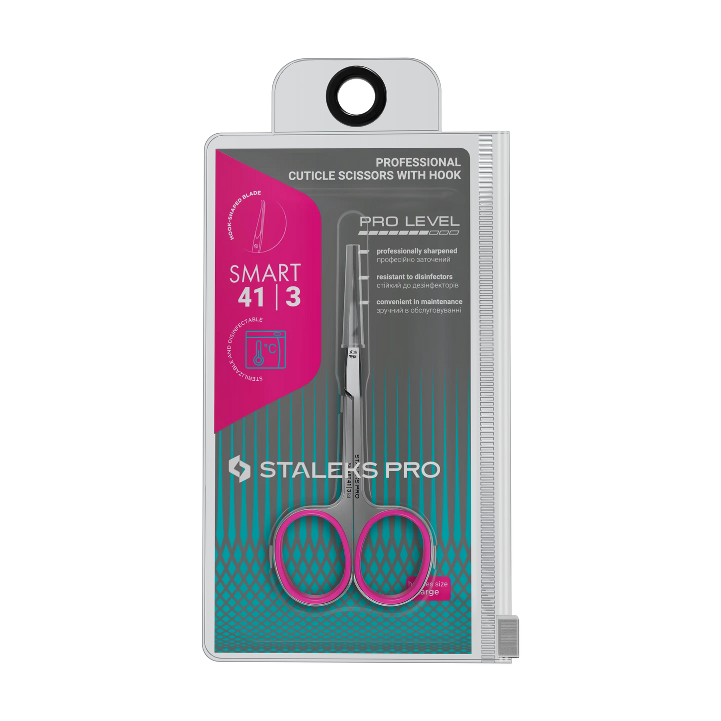 Emballage officiel STALEKS PRO Smart 41/3, ciseaux cuticules avec crochet présentés en blister gris/bleu.
