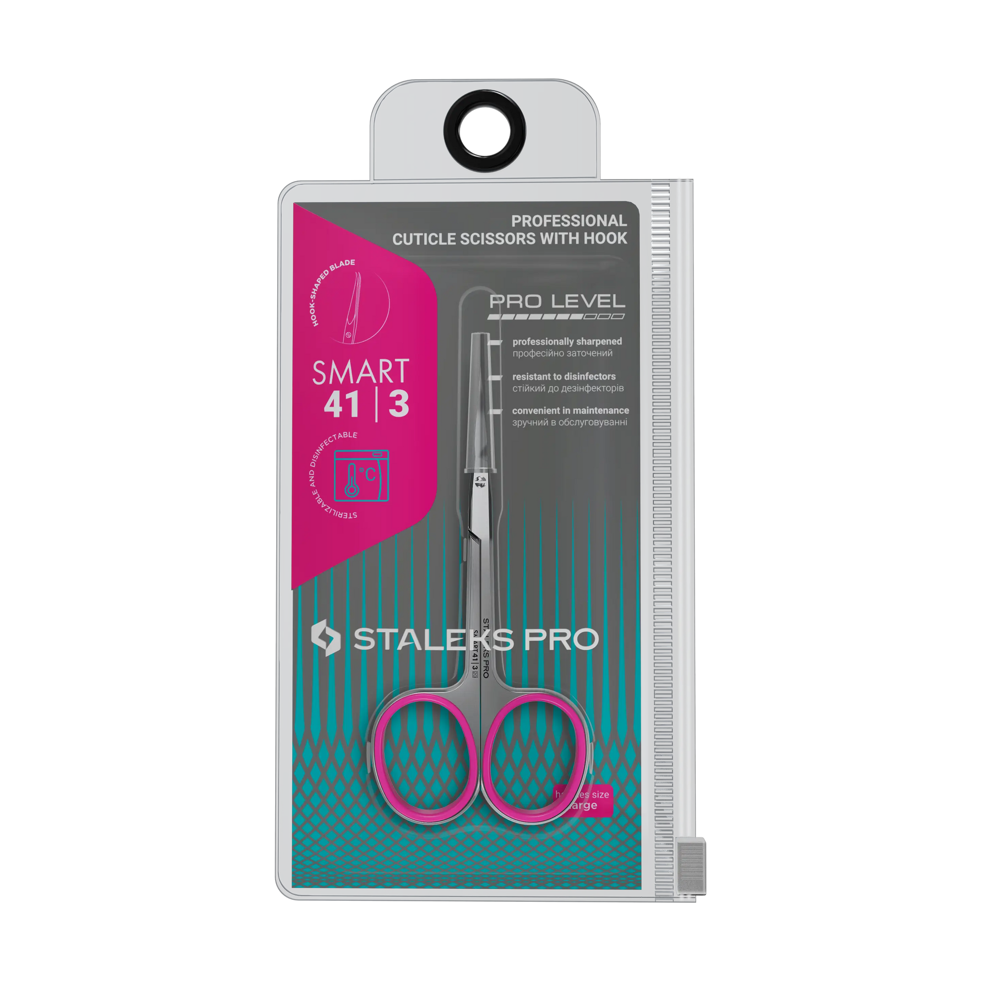 Emballage officiel STALEKS PRO Smart 41/3, ciseaux cuticules avec crochet présentés en blister gris/bleu.