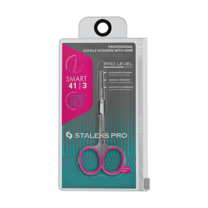 Emballage officiel STALEKS PRO Smart 41/3, ciseaux cuticules avec crochet présentés en blister gris/bleu.