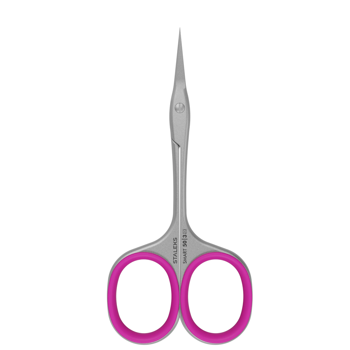 Ciseaux à cuticules STALEKS SMART 50 SS-50/3 vus de face, avec poignées droites et inserts en silicone rose.