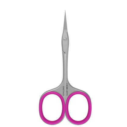 Ciseaux à cuticules STALEKS SMART 50 SS-50/3 vus de face, avec poignées droites et inserts en silicone rose.