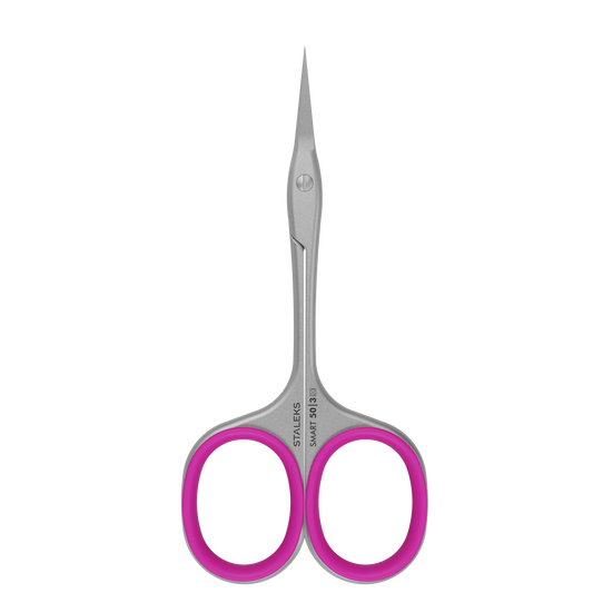 Ciseaux à cuticules STALEKS SMART 50 SS-50/3 vus de face, avec poignées droites et inserts en silicone rose.