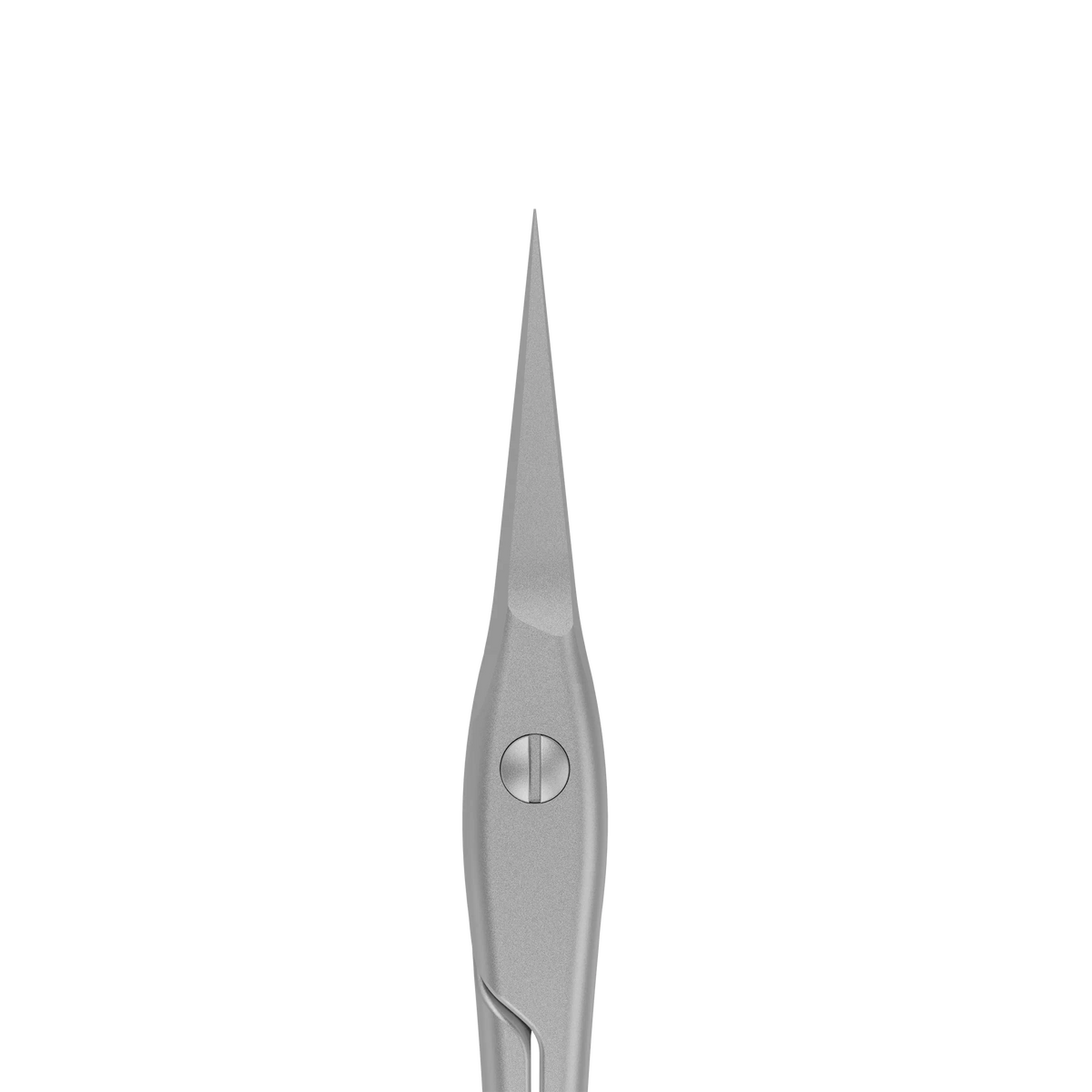 Gros plan de face sur les lames fines et la vis d’articulation des ciseaux à cuticules STALEKS SS-50/3.