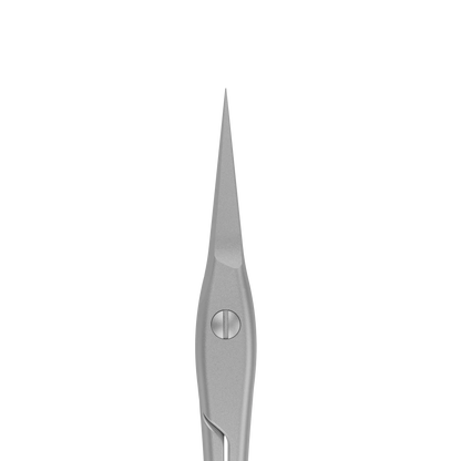 Gros plan de face sur les lames fines et la vis d’articulation des ciseaux à cuticules STALEKS SS-50/3.