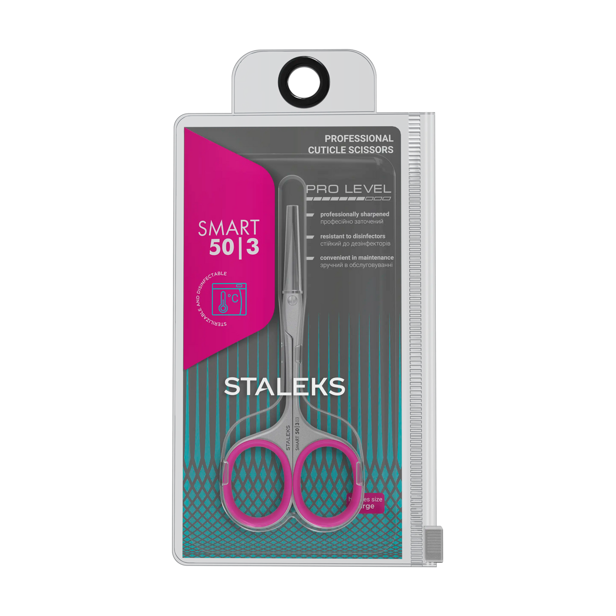 Ciseaux à cuticules STALEKS SMART 50 SS-50/3 dans leur étui d’origine, avec inserts roses et capuchon de protection.