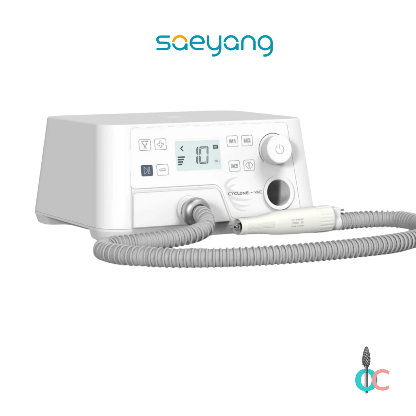 Ponceuse professionnelle Saeyang Marathon Cyclone-Vac blanche avec aspiration intégrée pour pédicure, podologie et manucure.