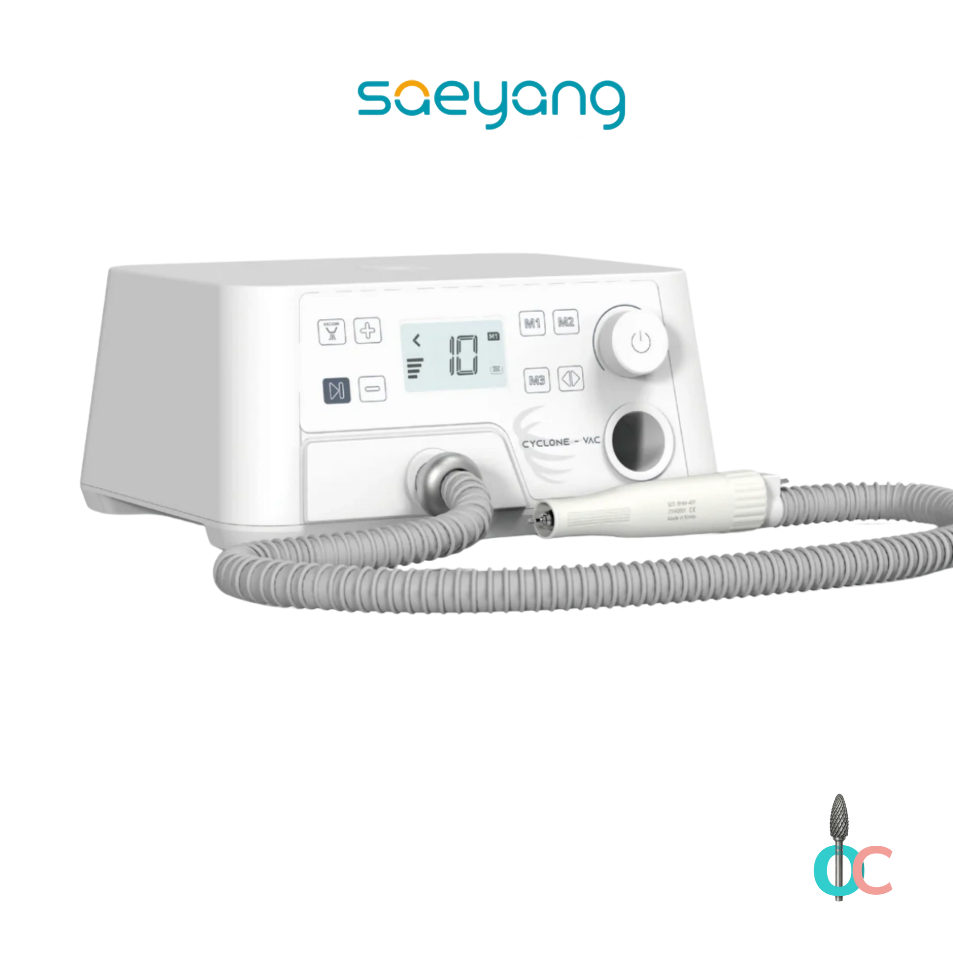 Ponceuse professionnelle Saeyang Marathon Cyclone-Vac blanche avec aspiration intégrée pour pédicure, podologie et manucure.