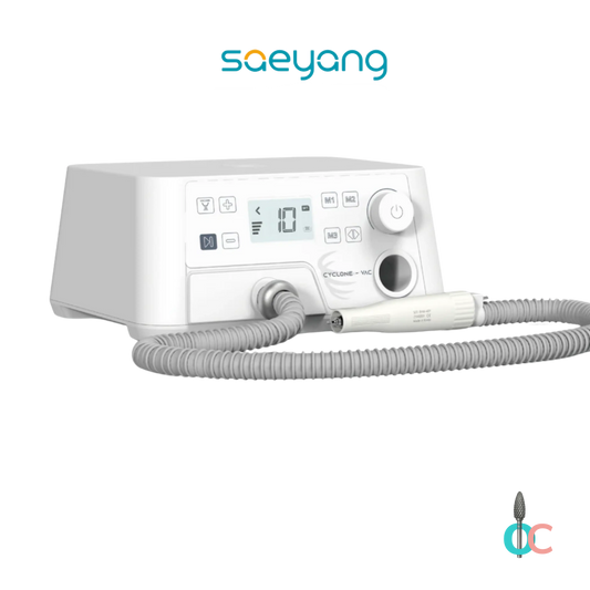 Ponceuse professionnelle Saeyang Marathon Cyclone-Vac blanche avec aspiration intégrée pour pédicure, podologie et manucure.