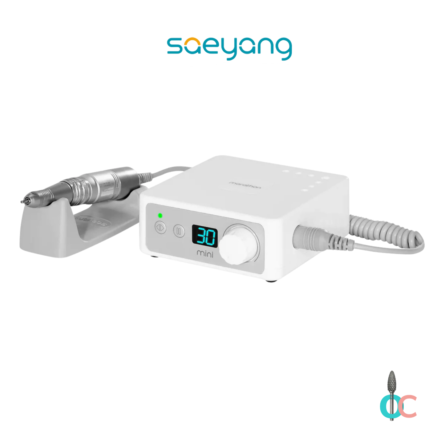 Ponceuse Saeyang Marathon K35 Mini blanche avec boîtier de commande, pièce à main métallique et support posé.