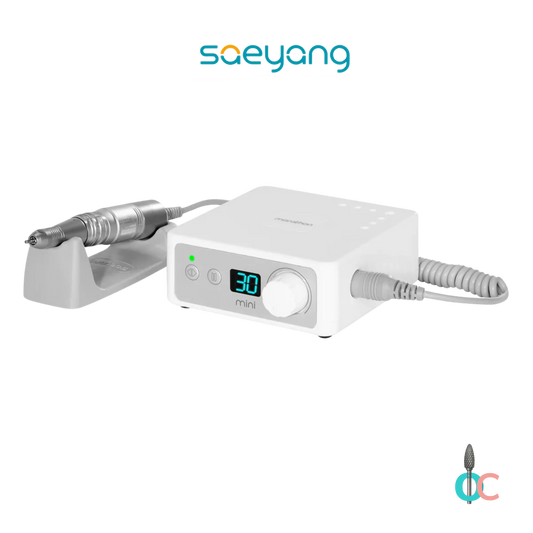 Ponceuse Saeyang Marathon K35 Mini blanche avec boîtier de commande, pièce à main métallique et support posé.