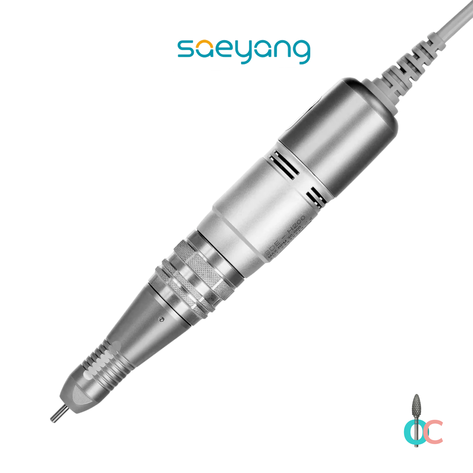 Pièce à main H200 métallique Saeyang seule avec câble, présentée en diagonale.