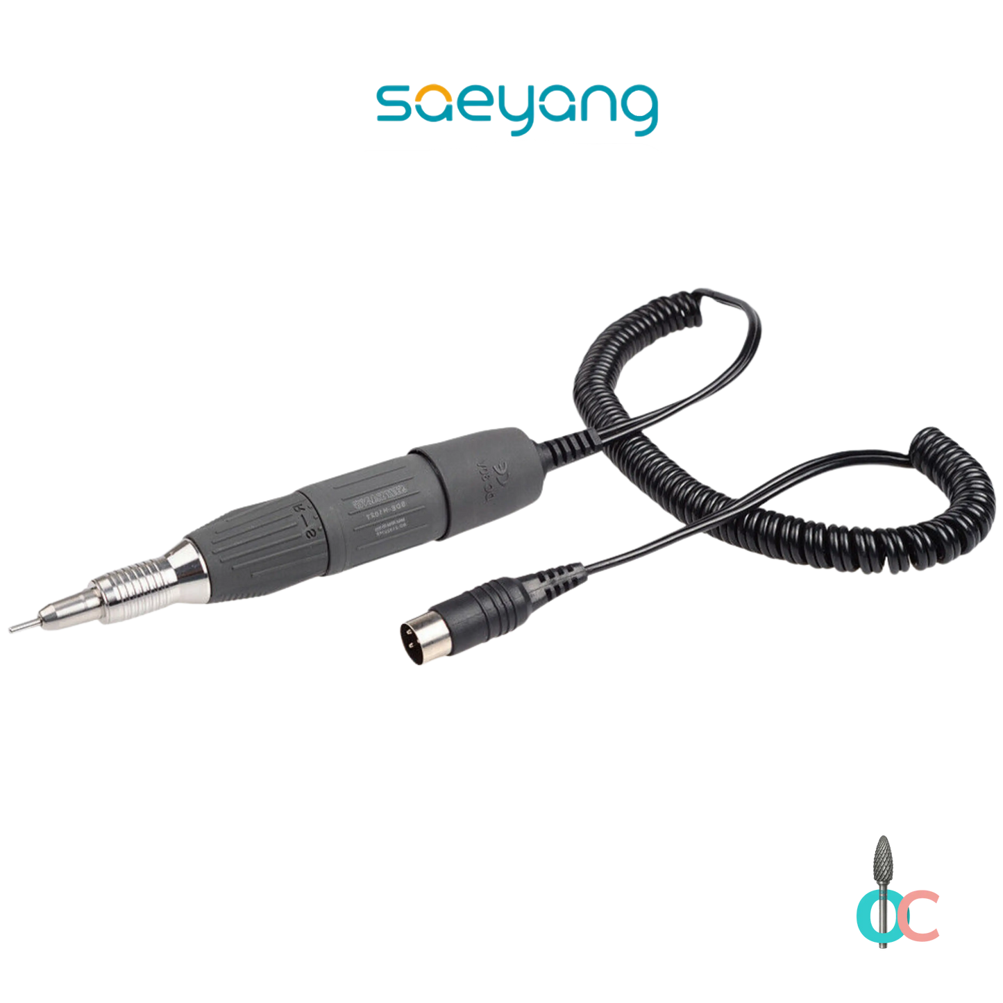 Pièce à main noire Saeyang K35 avec câble spiralé et connecteur.