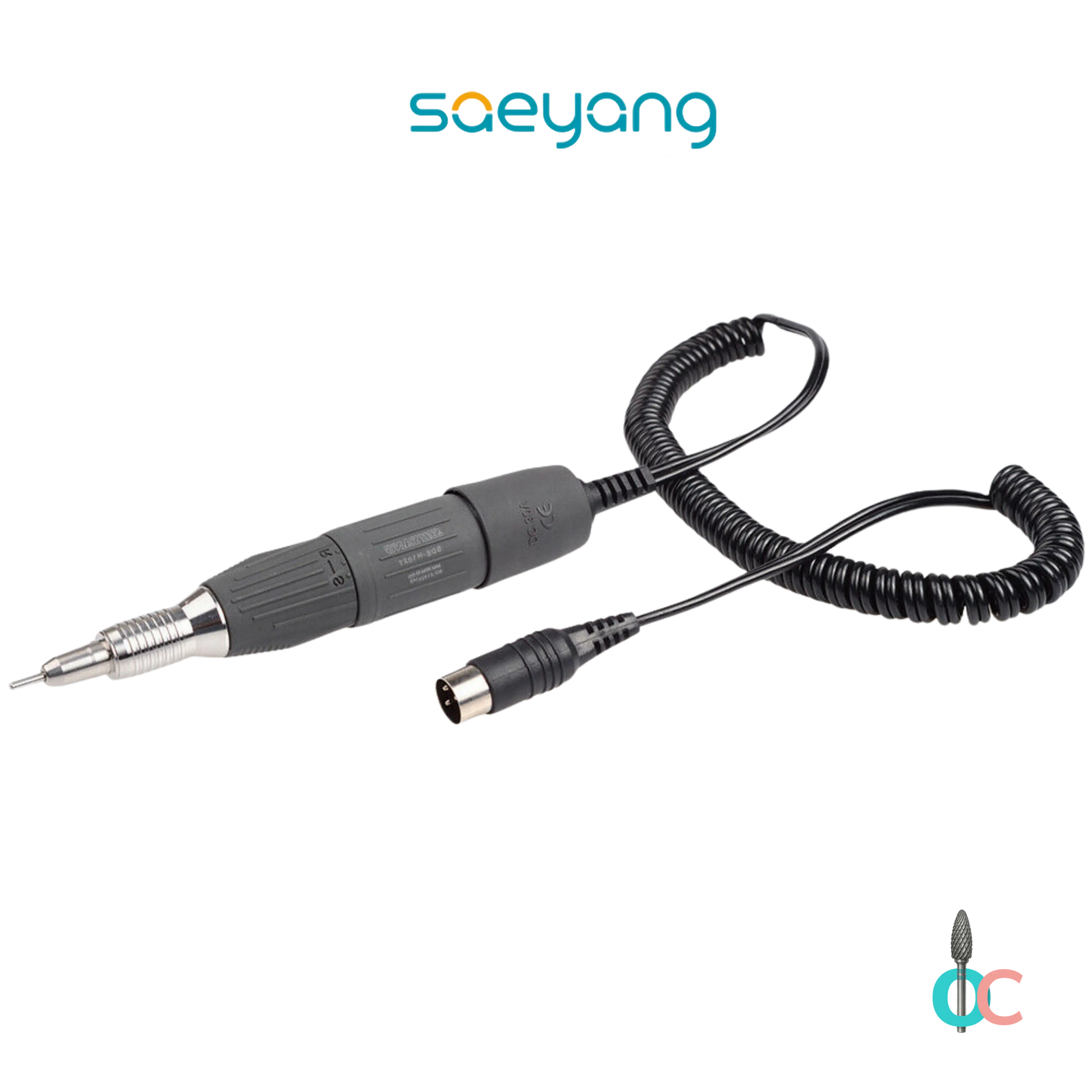 Pièce à main noire Saeyang K35 avec câble spiralé et connecteur.