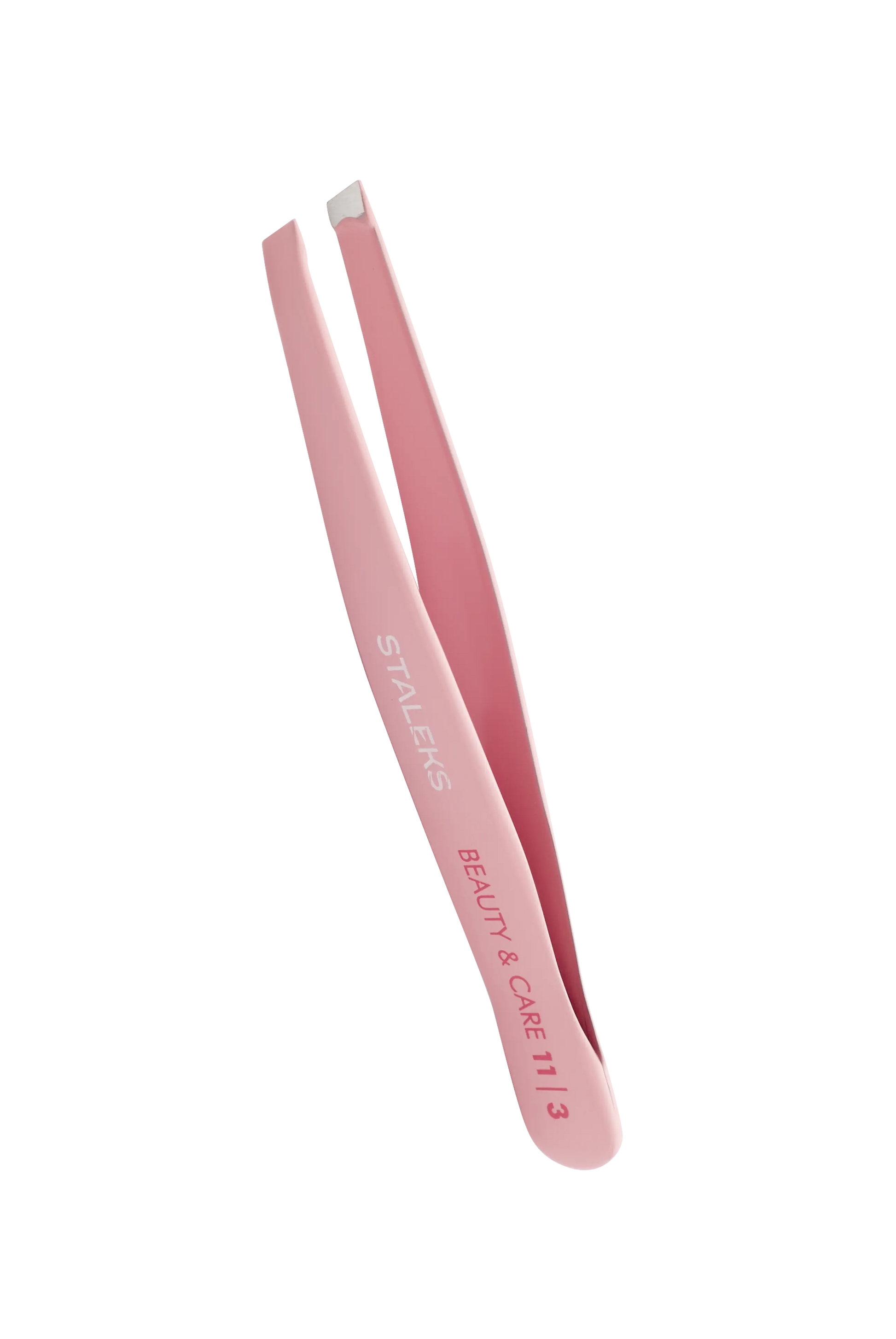 Vue oblique de la pince à épiler rose TBC-11/3 montrant les mors biseautés larges.