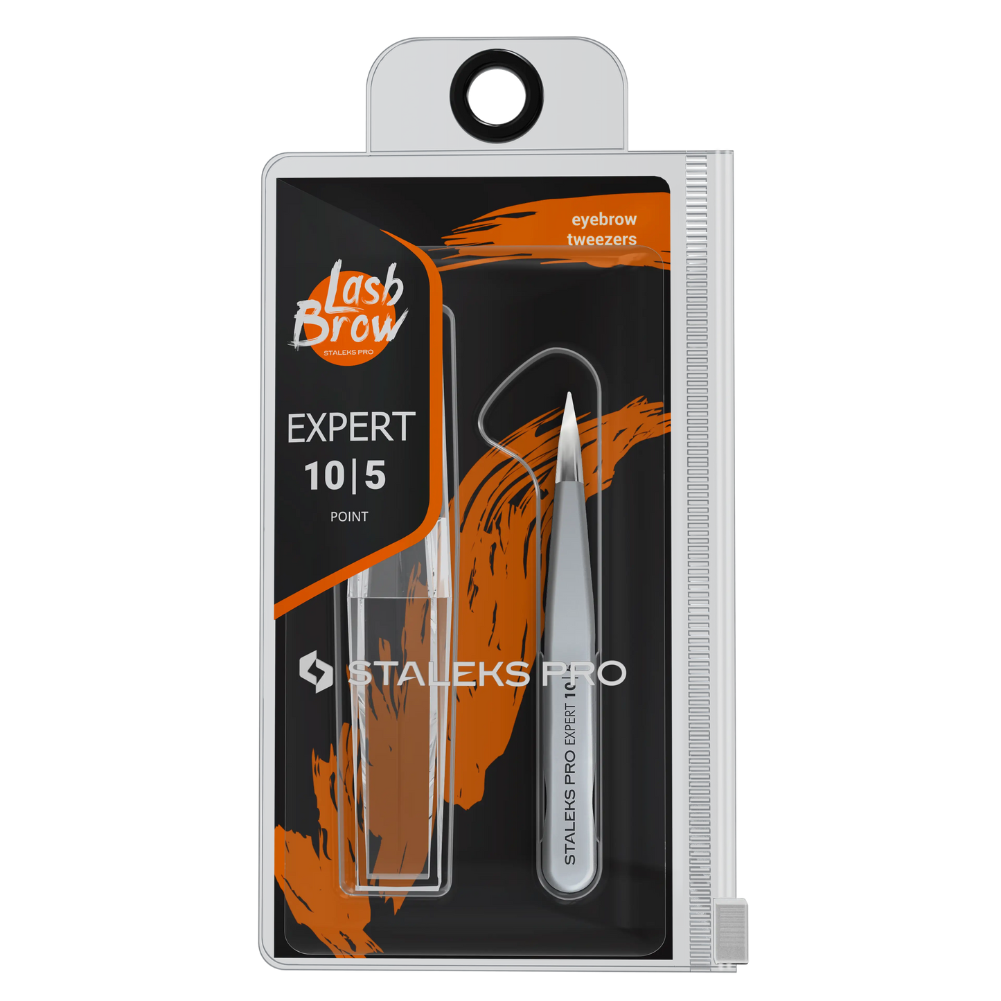 Emballage Staleks Pro Lash Brow Expert 10/5 avec la pince pointue visible.