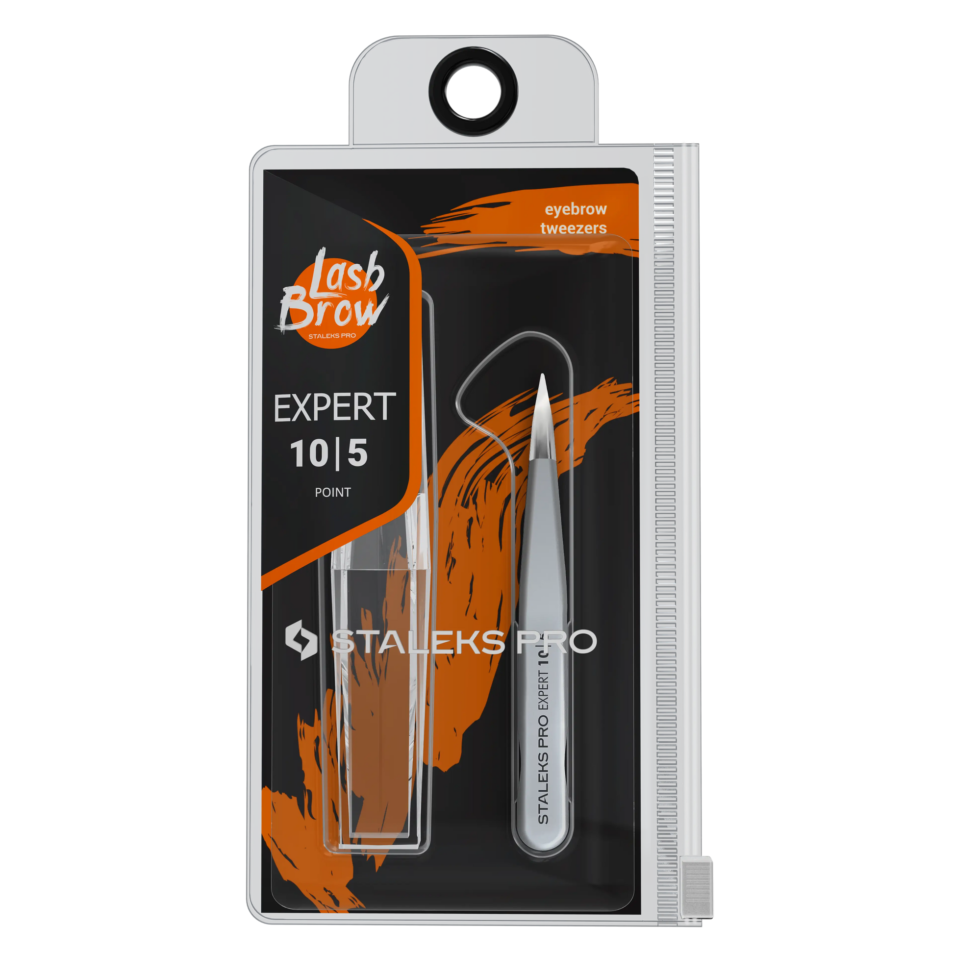 Emballage Staleks Pro Lash Brow Expert 10/5 avec la pince pointue visible.