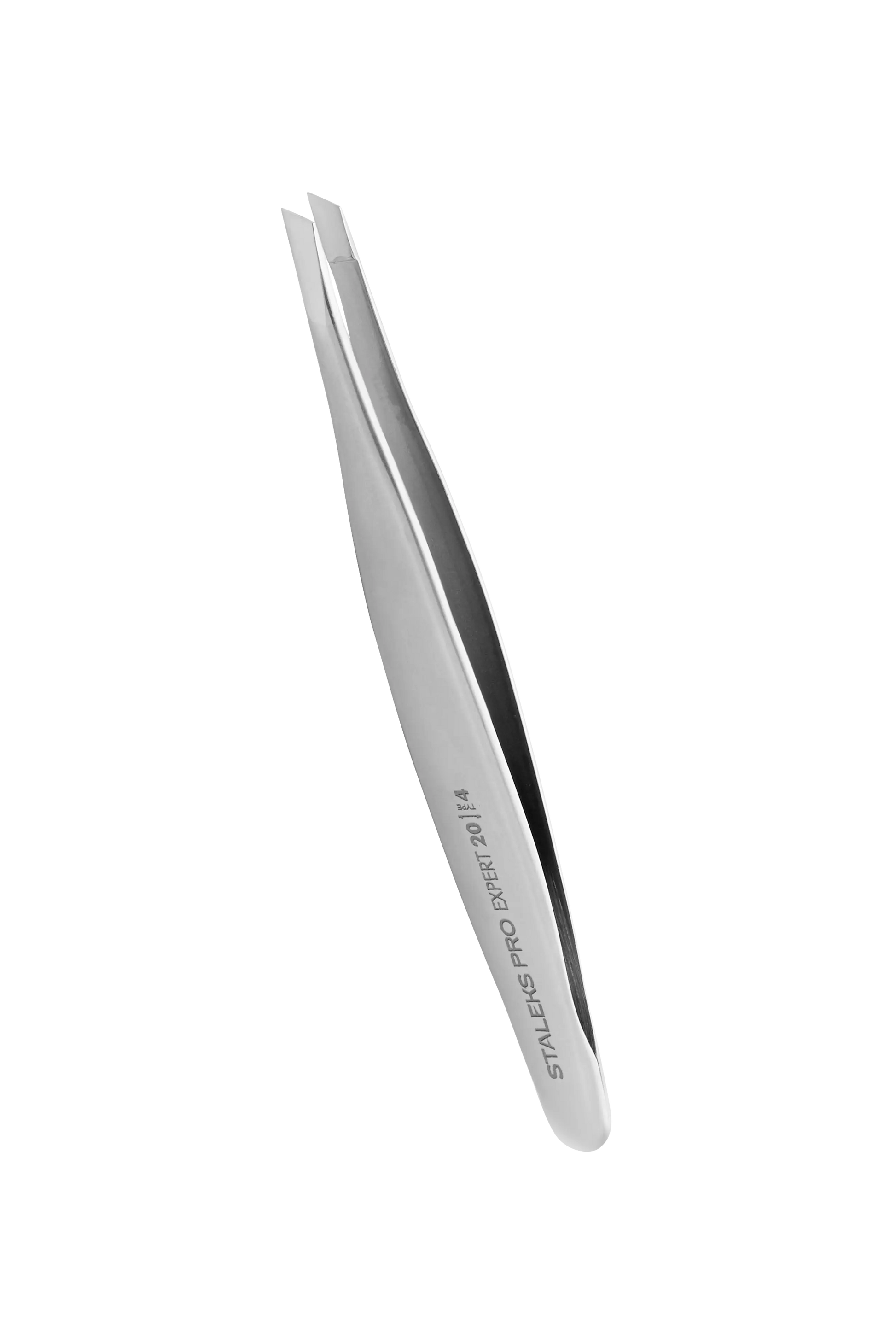 Vue oblique de la pince à épiler Staleks TE-20/4 montrant sa forme allongée.