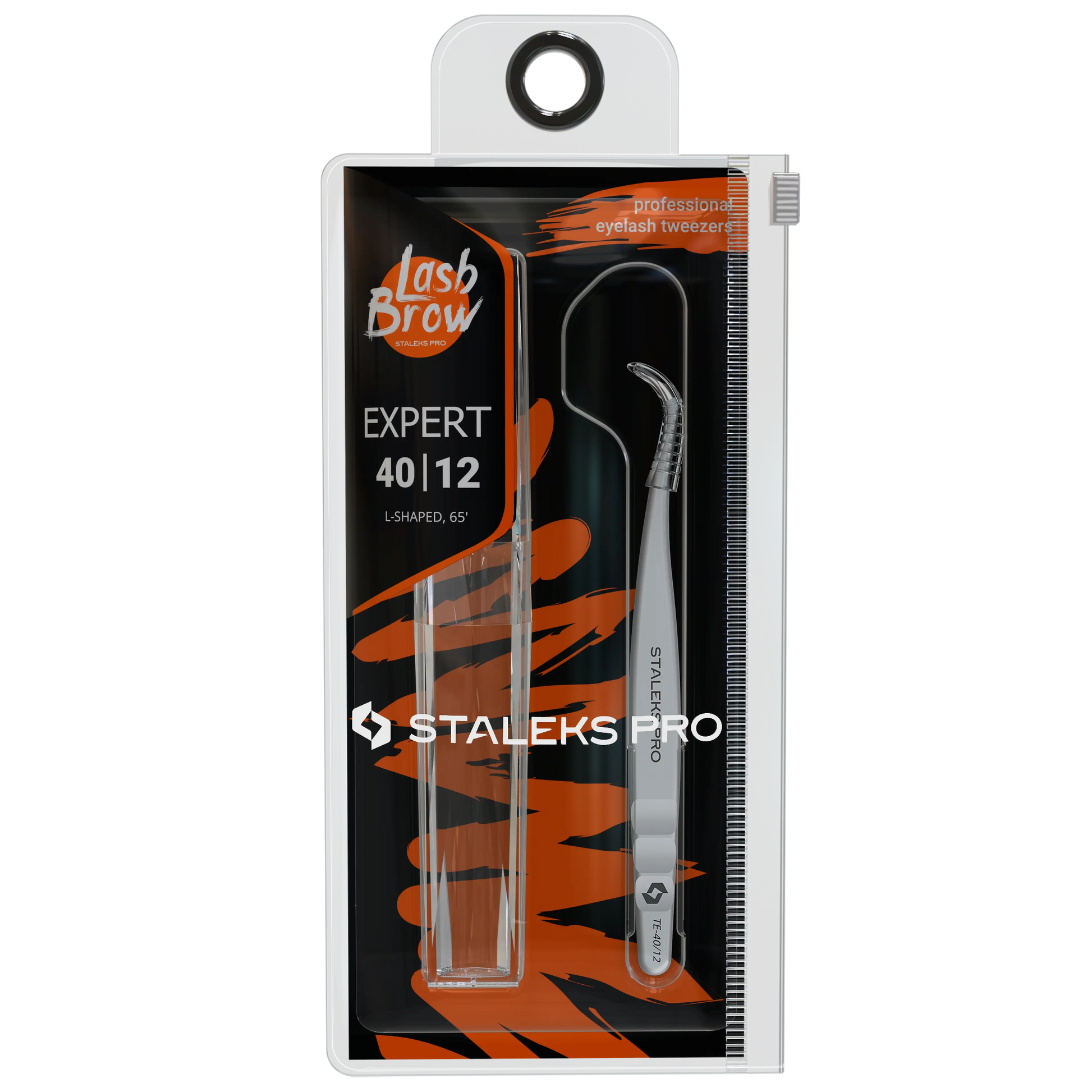 Packaging Staleks Pro Expert 40/12 affichant la pince 65° pour extensions de cils.