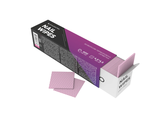 Boîte Staleks Pro de 400 cotons non pelucheux 4,5×4,5 cm, couleur rose, vue 3/4 avec lingettes sorties.