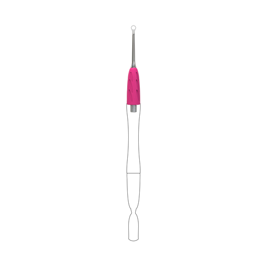 Embout pusher « anneau » UNIQ Combo WPPQ-11 Staleks Pro, vue d’ensemble, manchon silicone rose et tige acier, fond noir.