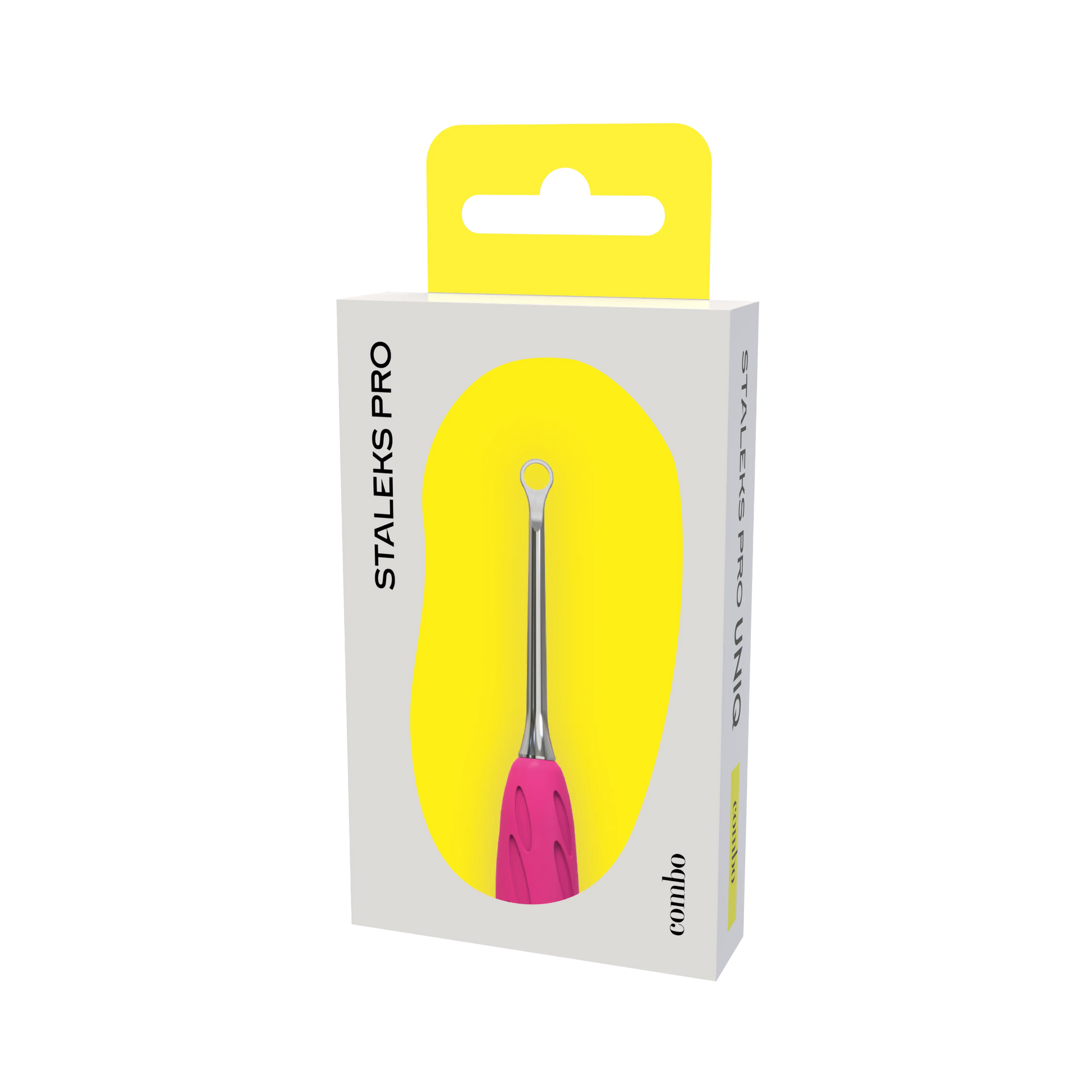 Packaging UNIQ Combo, embout pusher « anneau » WPPQ-11, vue boîte trois-quarts gauche (fond jaune).