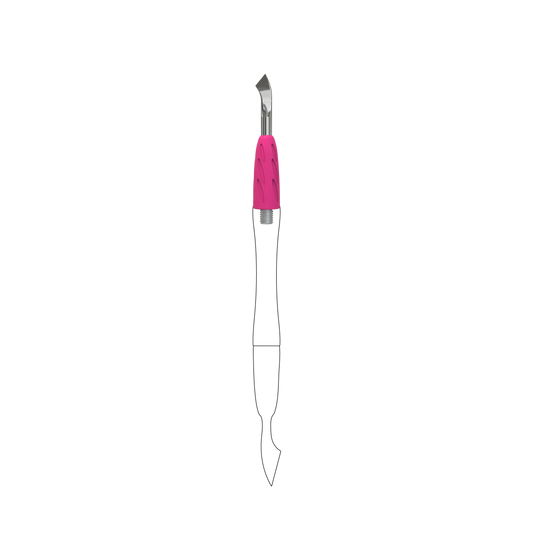 Embout pusher UNIQ 14 à lame inclinée – vue de face, gaine silicone rose et base filetée pour manche Combo.