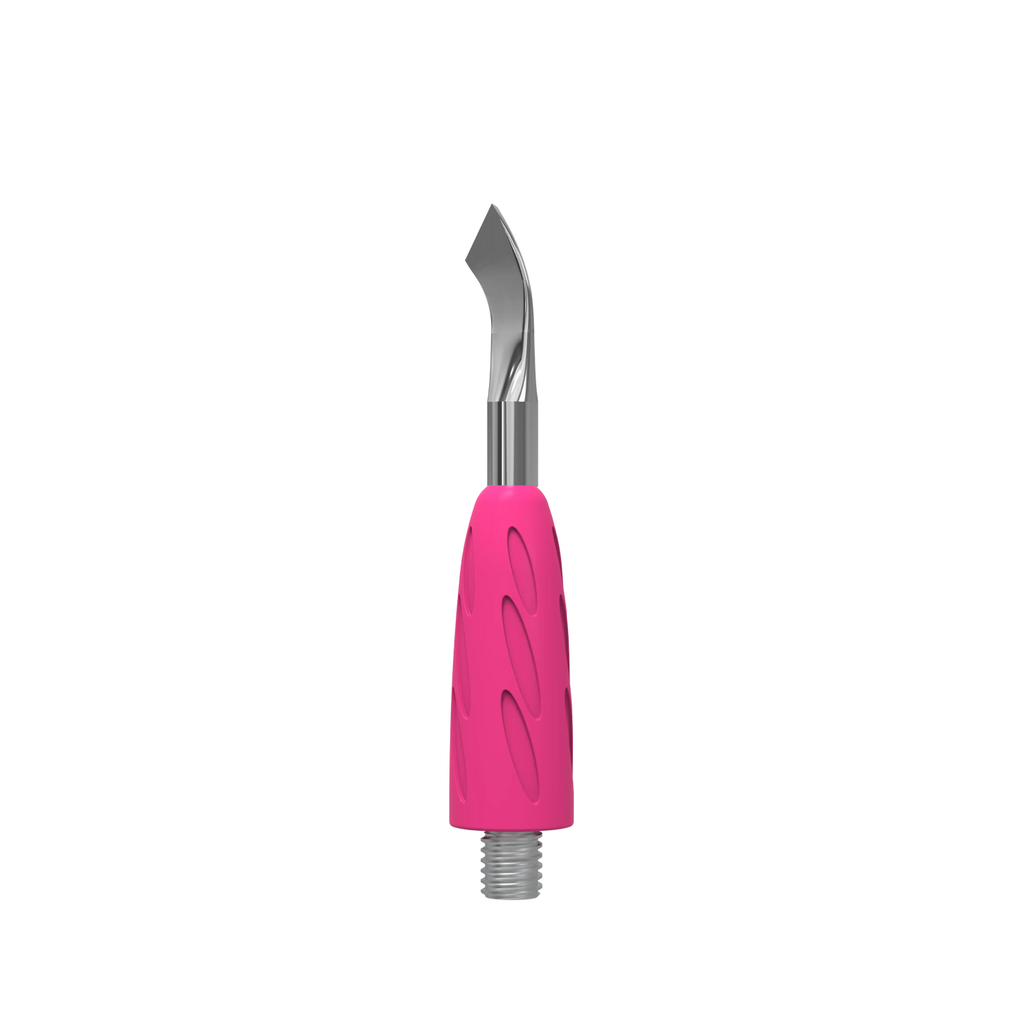 Gros plan de l’embout pusher UNIQ 14, lame inclinée en acier et poignée silicone rose, filetage Combo visible.