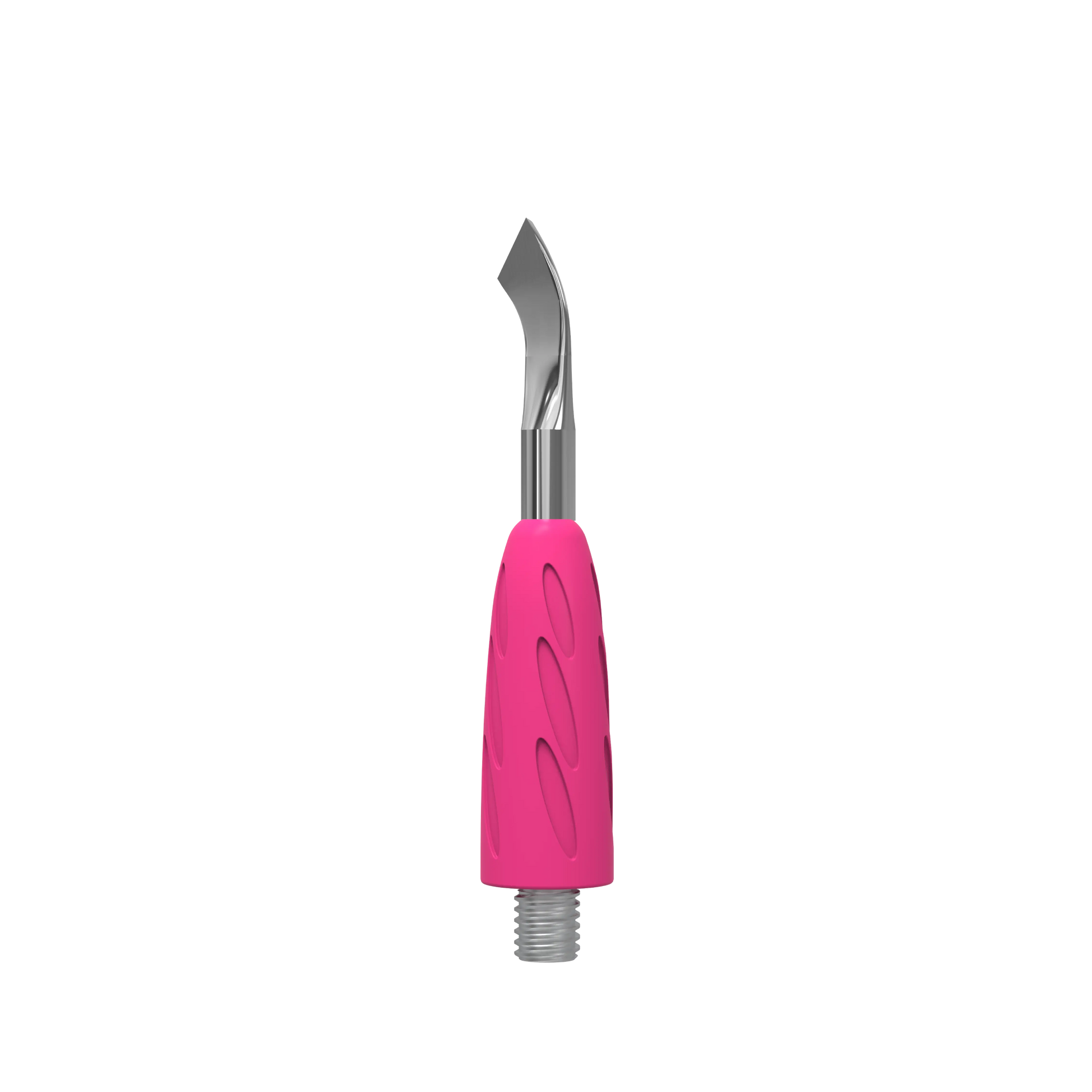 Gros plan de l’embout pusher UNIQ 14, lame inclinée en acier et poignée silicone rose, filetage Combo visible.