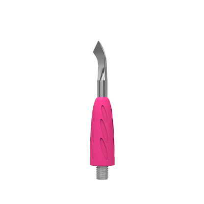 Gros plan de l’embout pusher UNIQ 14, lame inclinée en acier et poignée silicone rose, filetage Combo visible.