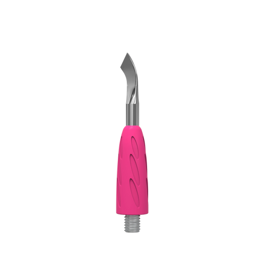 Gros plan de l’embout pusher UNIQ 14, lame inclinée en acier et poignée silicone rose, filetage Combo visible.